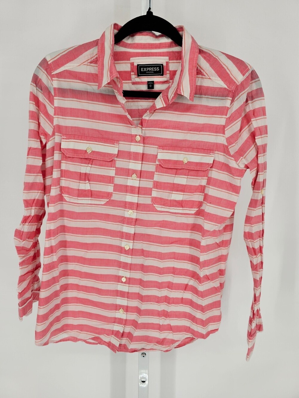 Express Womens Sz M Long Sleeve Button Up Shirt Pink White Striped